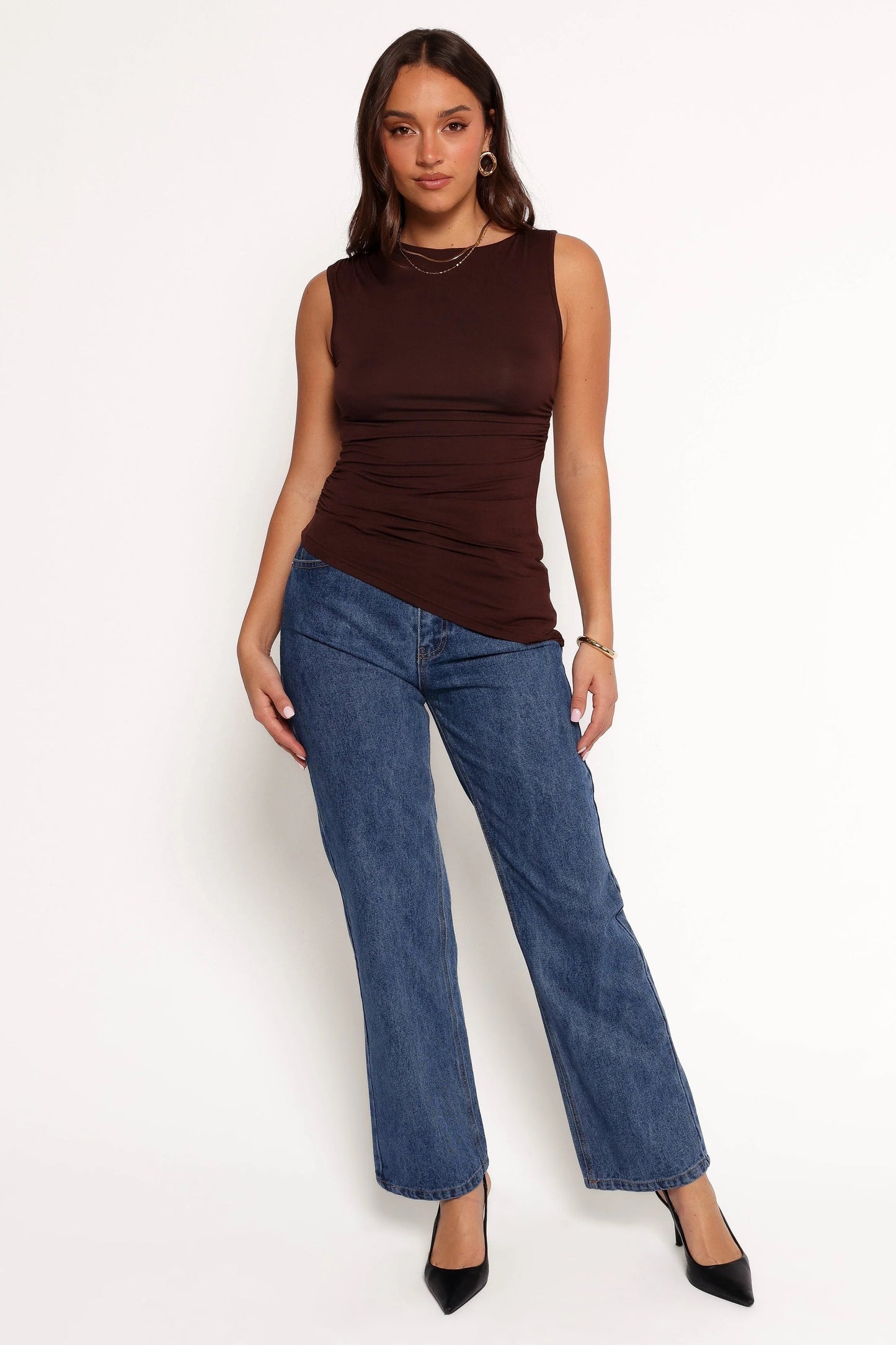 Asymmetric-Hem Ruched Knit Tank Top